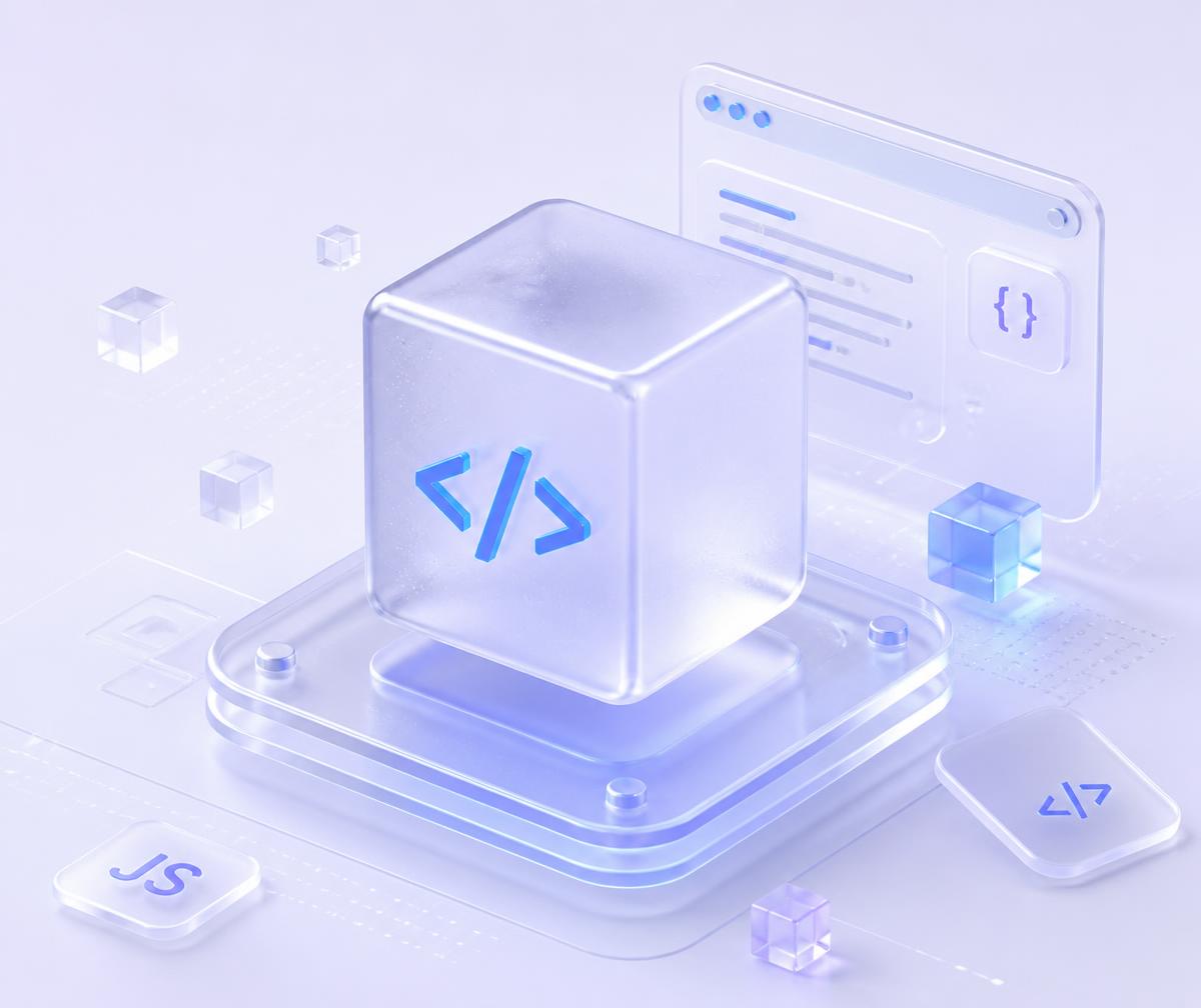 Isometric glass cube illustration representing software architecture